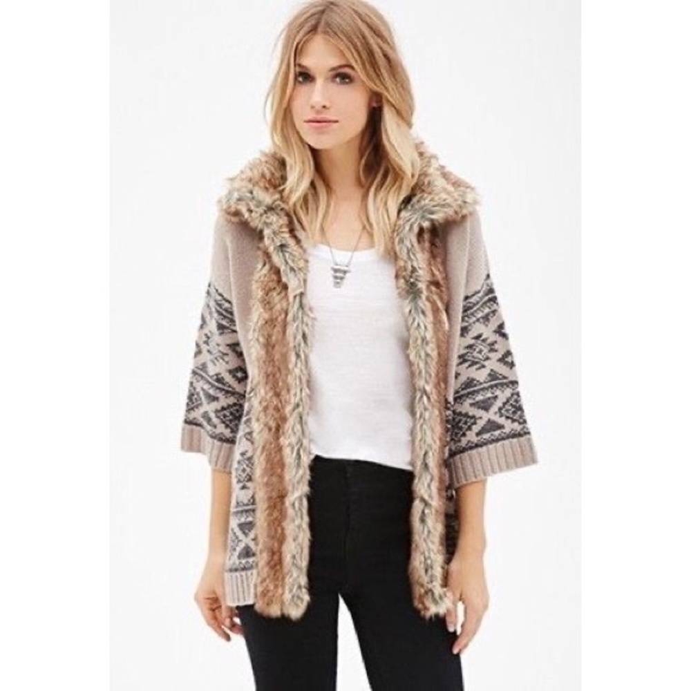 Knit cardigan with faux fur trim